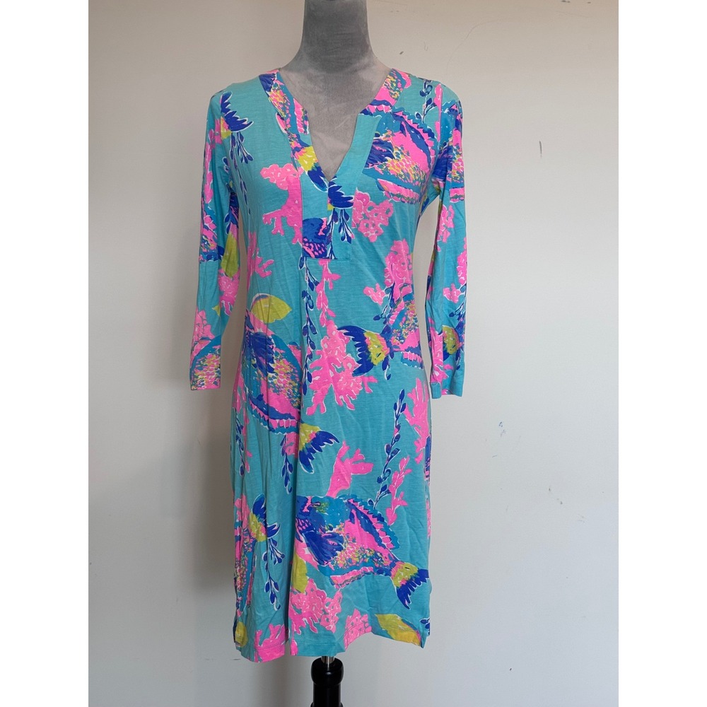 Lilly Pulitzer Pima Cotton Tunic Dress Teal Pink Tropical Fish Print Small 3/4